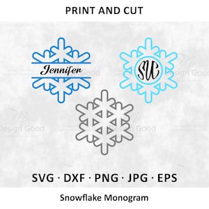 Paquete de copos de nieve navideños SVG, monograma de copo de nieve SVG, PNG. Diseño para camiseta. Clipart de nieve de invierno DIY EPS, DXF. Archivo de corte Silhouette Cricut