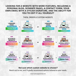 May include: A graphic showing different website packages for landing pages, business websites, and blogs. The packages include a starter pack and development options. The text "Not sure which custom website to choose?" is at the bottom of the graphic.