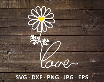 Daisy Love SVG, Flower svg, Daisy with leaves svg, Valentine's Day Clipart, Design heart svg Silhouette, Cricut Cut file, DIY, eps, dxf, PNG