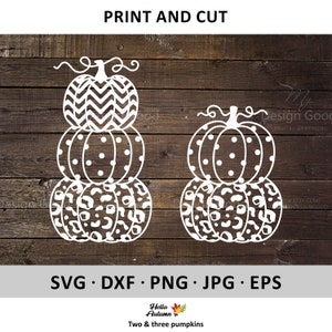 Puede incluir: Dos archivos de corte SVG de calabaza blanca, uno con tres calabazas apiladas y otro con dos calabazas apiladas. Las calabazas tienen diferentes patrones: chevron, lunares y estampado de leopardo.