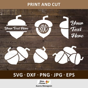 Monograma de bellotas SVG, decoración navideña de otoño, diseño PNG. Un color para cortar. Clipart de feliz otoño, eps Dfx. Silueta, archivo de corte, Cricut