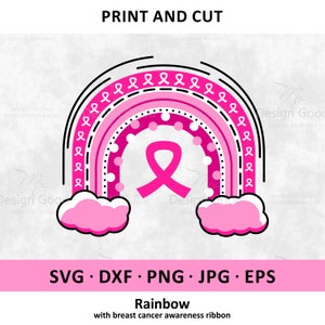 Consapevolezza arcobaleno SVG, PNG. Cancro arcobaleno svg. Carino fiocco rosa. A ottobre indossiamo. Clipart, eps, dxf, PNG. Silhouette, File di taglio, Cricut