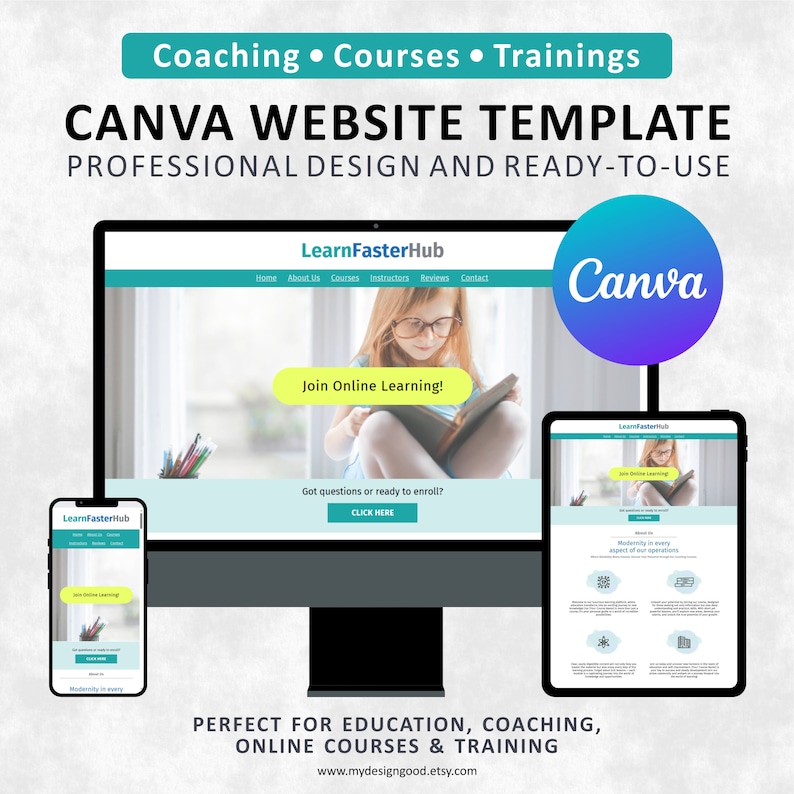 May include: A Canva website template for education, coaching, and online courses. The template features a girl reading a book with the text "Join Online Learning!" and "LearnFasterHub" on the website. The template is designed for use with Canva.
