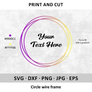May include: A digital download of a circle wire frame with a gradient fill. The frame is made of two overlapping circles, one purple and one yellow. The text "Your Text Here" is written in black inside the frame. The colors are represented by the hex codes #9900CC and #FFFF66.