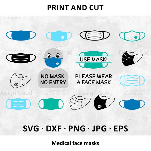 Pacchetto SVG maschera chirurgica viso, maschera di quarantena SVG, maschera medica SVG, Clipart maschera facciale, eps dx, PNG. Silhouette, file di taglio Cricut, Glowforge