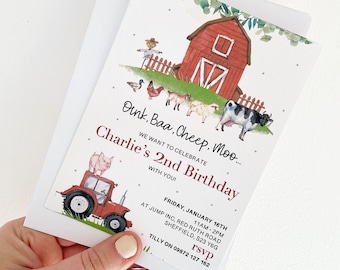 Farm Animal Birthday Invitation | A6 Printed Personalised Childrens | Birthday Party | First Birthday | Farm | Tractor | Bespoke kids party