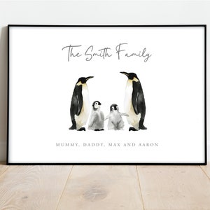 Personalised Penguin Family Print - Our Family Flower Print - Wall Home Print - A4 - Christmas - Bespoke family print - Snow Penguin Gift