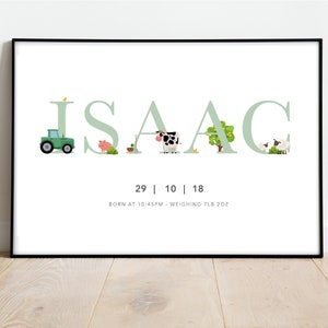 Personalised Name Farm print | Bedroom Print | Farm Nursery Decor | Construction art | Tractor, Cow, Sheep | Playroom | Nursery art |Newborn