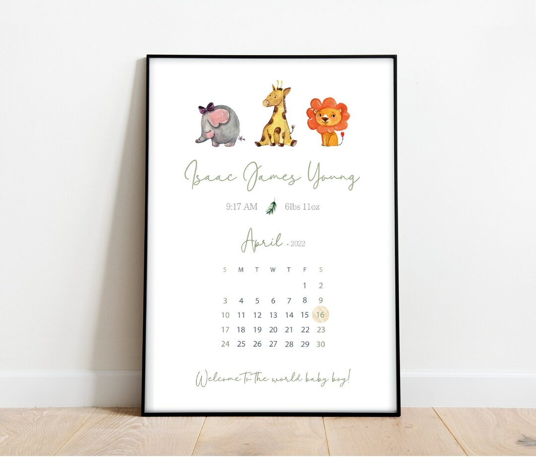 Personalised Calendar Baby Birth Print | Personalised Gift | Safari ...