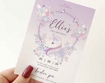 Lilac Unicorn Birthday Invitation | Printed A6 Personalised Childrens party | Birthday Party | First Birthday | Girls Unicorn | Celebration