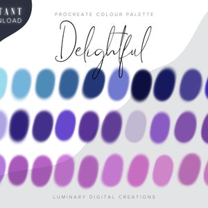 Może przedstawiać: Cyfrowa paleta kolorów Procreate zatytułowana "Delightful" z gamą odcieni niebieskiego i fioletowego. Paleta zawiera różne odcienie jasnoniebieskiego, granatowego, fioletowego i lawendowego. Słowa "Instant Download" znajdują się w lewym górnym rogu.