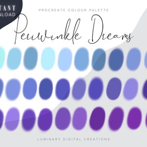 May include: A digital Procreate colour palette named "Periwinkle Dreams" displaying a selection of blue and purple shades. The palette includes periwinkle, lavender, and violet tones, ideal for digital art. The words "Instant Download" are at the top.