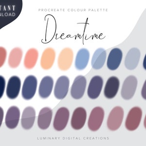 Puede incluir: Paleta de colores digital Procreate llamada "Dreamtime" con 28 muestras de color ovaladas en tonos rosa, melocotón, azul y morado. Las palabras "Descarga instantánea" están en la parte superior izquierda.