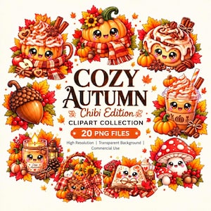 20 clipart PNG | Autunno accogliente - Edizione Chibi | Illustrazioni autunnali carine | Alta risoluzione | Sfondo trasparente | Uso commerciale