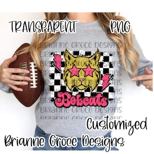 Preppy mascot pink bobcats retro checkered glitter star hand drawn digital design download for sublimation dtf transparent background 300dpi
