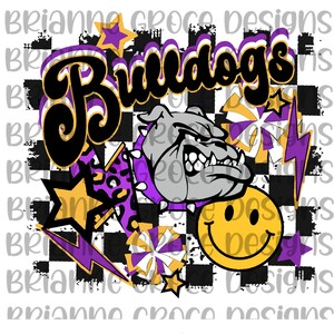 Bulldog viola oro retrò a scacchi faccina design digitale download sublimazione dtf sfondo trasparente 300 dpi
