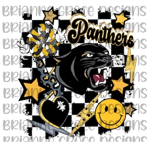Panther schwarz gold retro kariert Blitz Smiley Gesicht Pompon digitales Design herunterladen Sublimation dtf transparenten Hintergrund