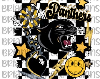 Panthers black gold retro checkered lightning bolt smiley face pompon digital design download sublimation dtf transparent background