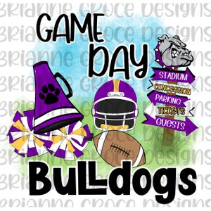 Bulldogs purple gold game day digitalDesign scarica sublimazione dtf png sfondo trasparente 300Dpi disegnato a mano di alta qualità