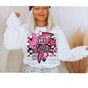 Bulldoggen pink aus retro Blitz kariert Brustkrebs digitales Design Download Sublimation digitales Design Fußball dtf png