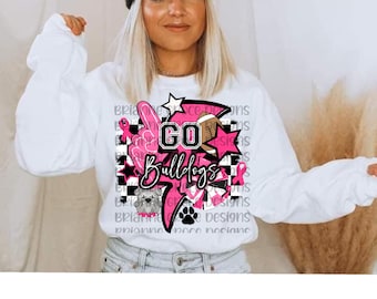 Bulldogs pink out retro lightning bolt checkered breast cancer digital design download sublimation digital design football dtf png