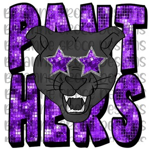 Panthers viola argento nero disegnato a mano glitter mascotte design digitale download immediato sublimazione dtf png sfondo trasparente