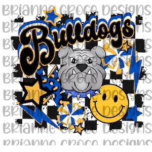Bulldogs blue yellow gold retro mascot checkered digital design download sublimation dtf png transparent background instant