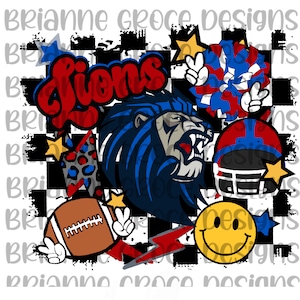 Leeuwen rood blauw retro geruite smiley bliksemschicht voetbal digitaal ontwerp download transparante achtergrond dtf sublimatie png