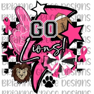 Leeuwen roze retro geruite borstkanker bewustzijn voetbal digitaal ontwerp download sublimatie dtf png transparante achtergrond