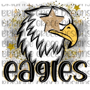 Eagles glitter star mascot black gold digital design download sublimation dtf png transparent background spirit