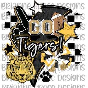 Tigers retro checkered football lighting bolt hand drawn mascot digital design download sublimation dtf png football transparent background
