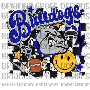 Bulldogs blue football retro checkered smiley lightning bolt digital design Download sublimation transparent background dtf png 300 dpi