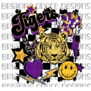 Tigri retrò scacchi fulmine faccina sorridente design digitale download sublimazione dtf sfondo trasparente viola oro