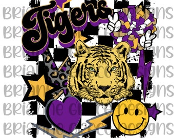 Tigers retro checkered lightning bolt smiley face digital design download sublimation dtf transparent background purple gold