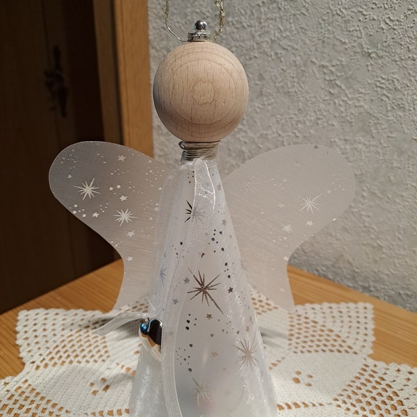 Illuminated angel, 24 cm high, small star pattern, foil and organza fabric