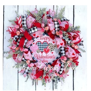 Valentines Day Wreath for Front Door, Happy Valentine&#39;s Day Décor, Love Heart Wreath, Gift for Her, Buffalo Check Decor, Pink Floral Decor