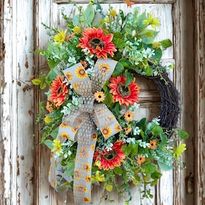 Orange Yellow Sunflower Summer Wreath for Front Door, Summer Indoor Outdoor Decor, Everyday Round Mantel Grapevine, Birthday Gift for Wife