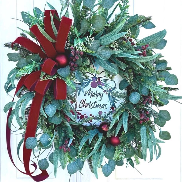 Merry Christmas Willow Eucalyptus Wreath for Front Door, Holiday Bauble Home Decor, Frosted Cranberries Indoor Outdoor Wreath, Gift For Her