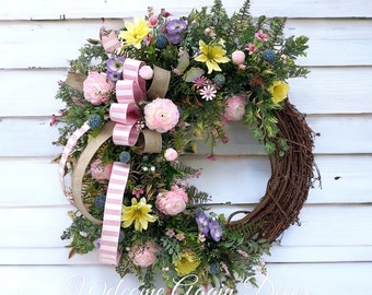 Wildflower Summer Wreath for Front Door, Rose Easter Gift, Mother's Day Gift, Floral Garden Wreath, Year Round Grapevine, Everyday Decor
