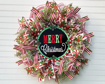 Holly Christmas Wreath for Front Door, Holiday Home Decor, Merry Christmas Decomesh, Indoor Outdoor Wreath, Christmas Gift, Holiday Wreath