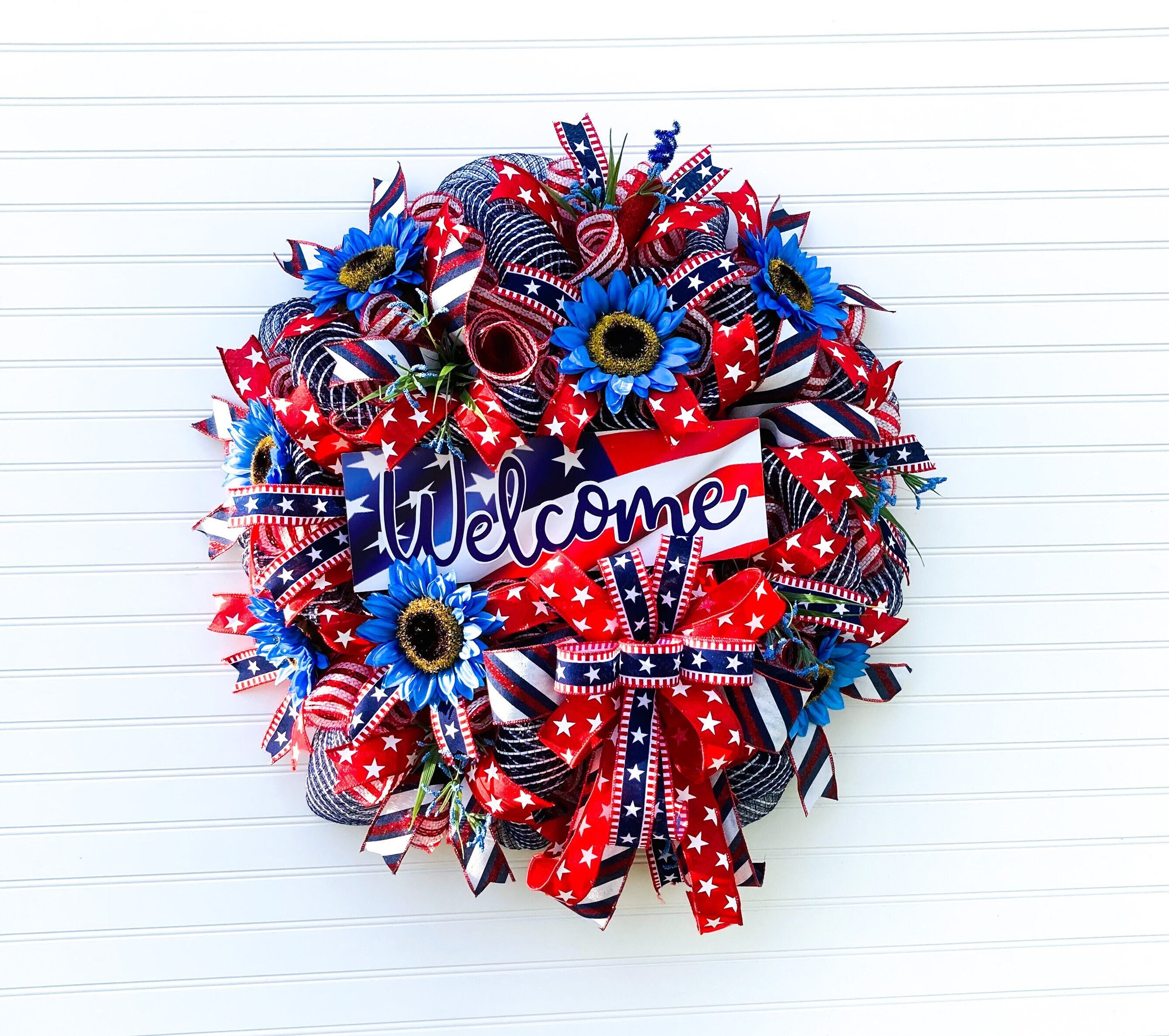 Blue Sunflower 4th of July Patriotic Wreath for Front Door, Welcome Red ...