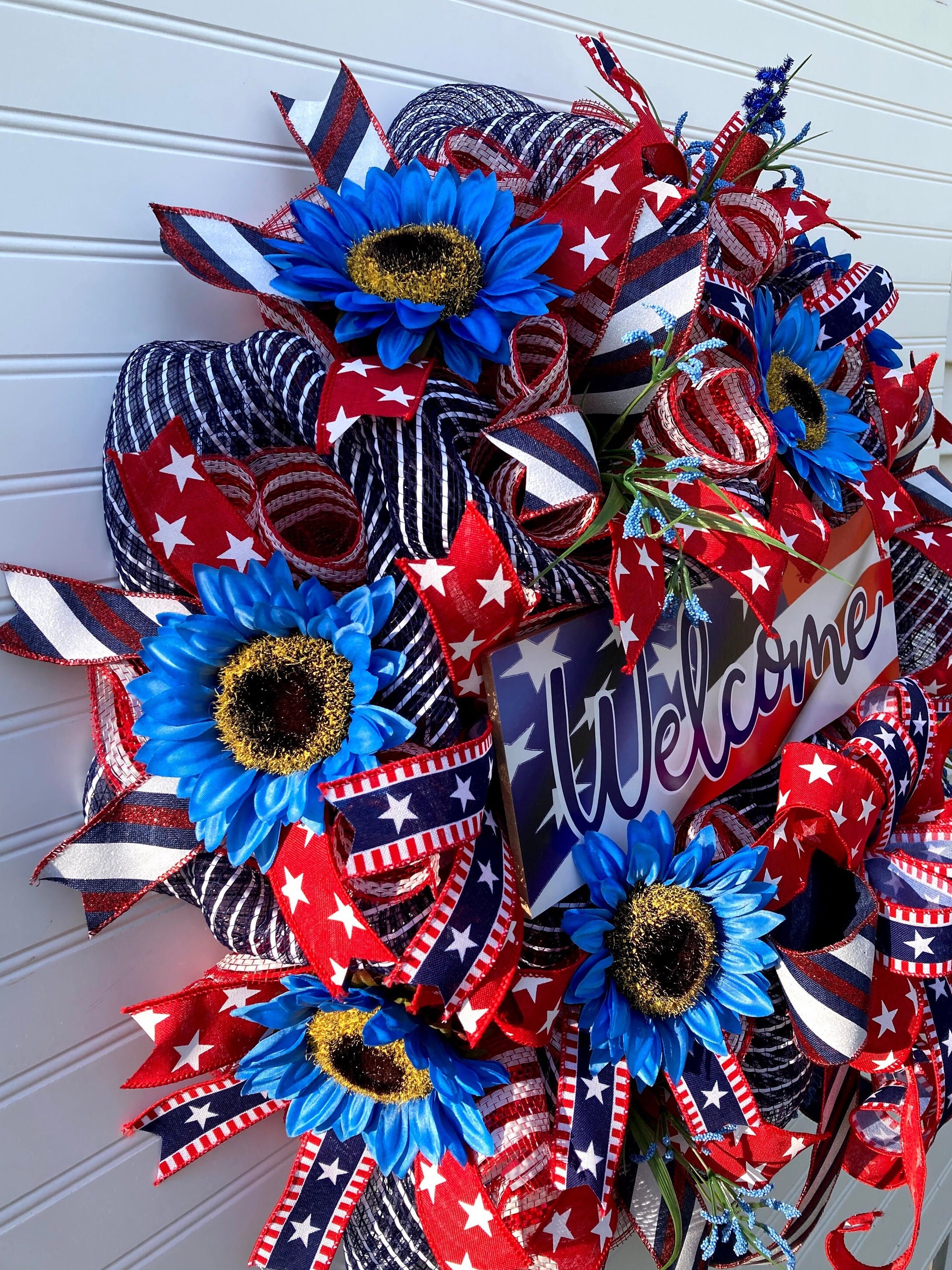 Blue Sunflower 4th of July Patriotic Wreath for Front Door, Welcome Red ...