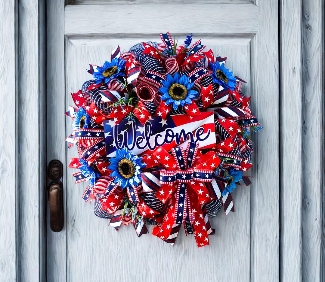 Blue Sunflower 4th of July Patriotic Wreath for Front Door, Welcome Red ...