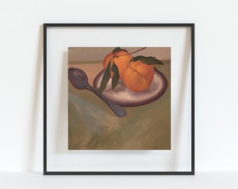 Modern Still Life: Peaches + Spoon Digital Artwork | Kitchen Home Decor Fine Art Print | Everyday Scene Oil Painting Download
