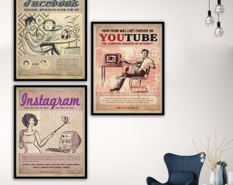 Retro Vintage Posters | Set of 3 | Facebook | Instagram | Youtube