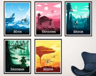 Star Wars Inspired Travel Posters | Set of 5 | Bespin | Hoth | Tatooine | Endor | Dagobah