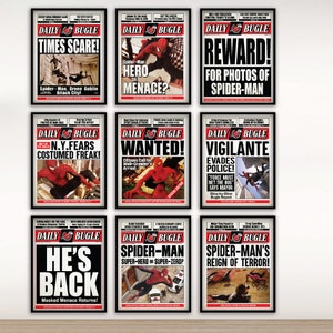 Spider Man Movie Set of 9 | Sam Raimi Spiderman Newspaper Poster Print | Spider-man print |