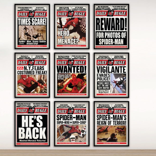 Sam Raimi Spider-Man Newspaper Poster Prints: Movie Set of 9