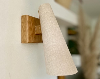 Wooden Wall Sconce: Japandi Cream Fabric Shade. plug in wall lamp. USA Duties Paid.