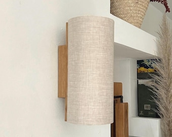 wooden wall sconce: Cream Fabric Shade, Modern Rustic Decor. Plug-in Option. USA Duties Paid.